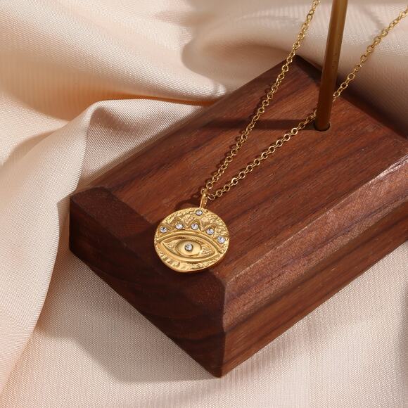 Evil Eye 18K Gold Plated Stainless Steel Coin Zircon Pendant Necklace Protection - Picture 8 of 10